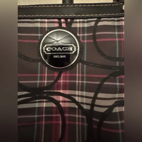 COACH Plaid Tote with Black Medallion - Black, Pink, Gray - Picture 3 of 12